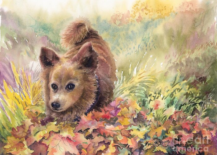 Dog Running In Fall Leaves Greeting Card featuring the painting Playing in the Leaves by Marilyn Young