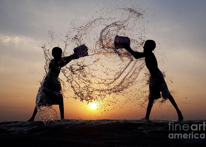 Indian Boys Greeting Card featuring the photograph Playing with Water by Tim Gainey