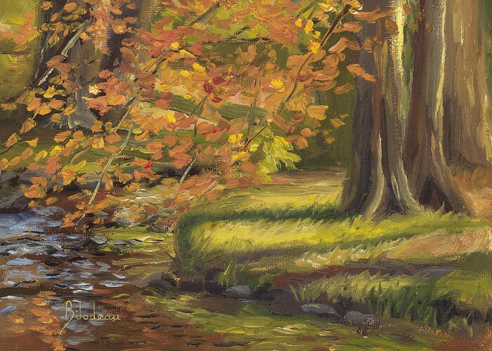 Nature Greeting Card featuring the painting Plein Air - Trees and Stream by Lucie Bilodeau