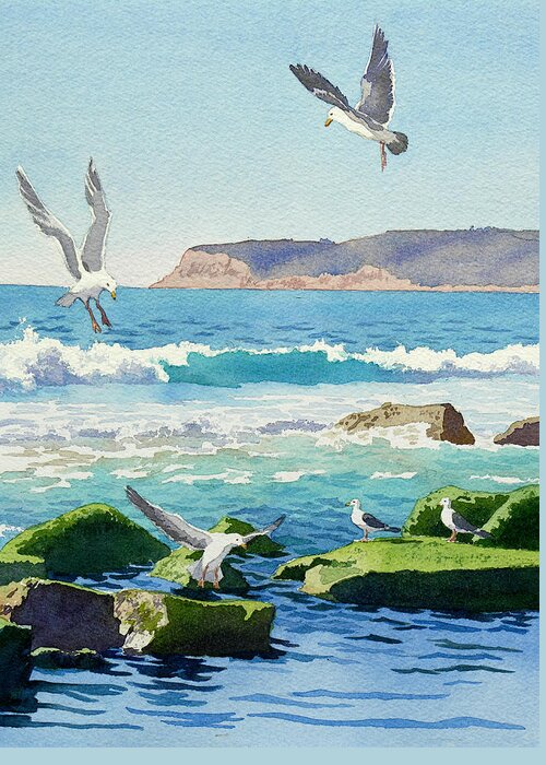 Point Loma Greeting Card featuring the painting Point Loma Rocks Waves and Seagulls by Mary Helmreich