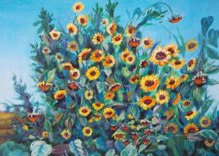 Sunflowers Greeting Card featuring the painting Polk Farm Sunflowers by Linda Markwardt