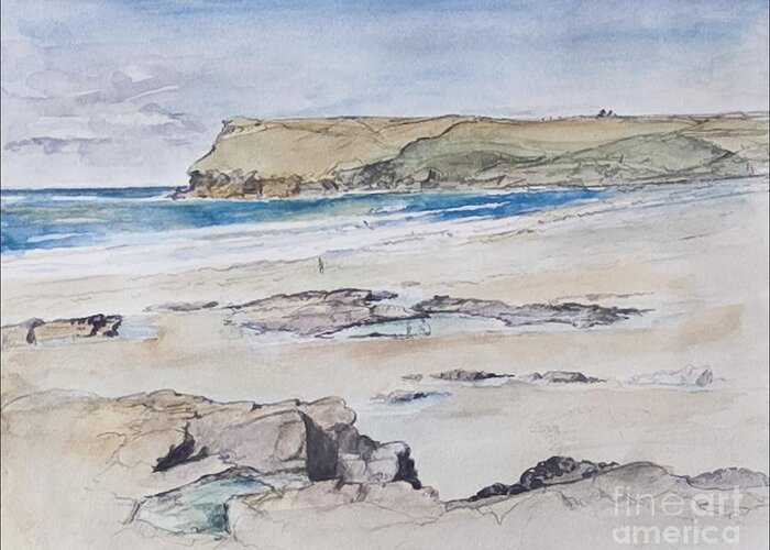 North Cornwall Greeting Card featuring the painting Polzeath and Pentire Head by Caroline Hervey-Bathurst