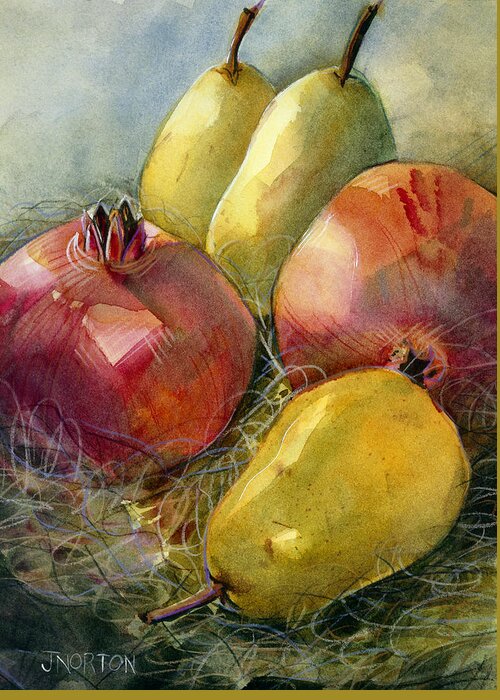 Jen Norton Greeting Card featuring the painting Pomegranates and Pears by Jen Norton