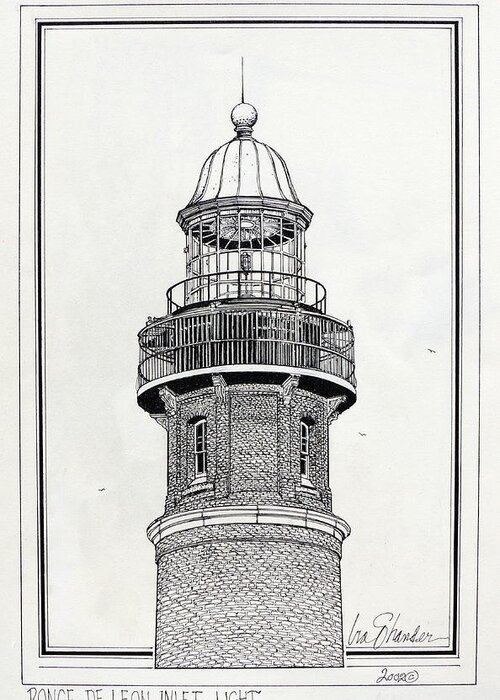 Ponce De Leon Inlet Lighthouse Greeting Card featuring the drawing Ponce De Leon Inlet Lighthouse by Ira Shander