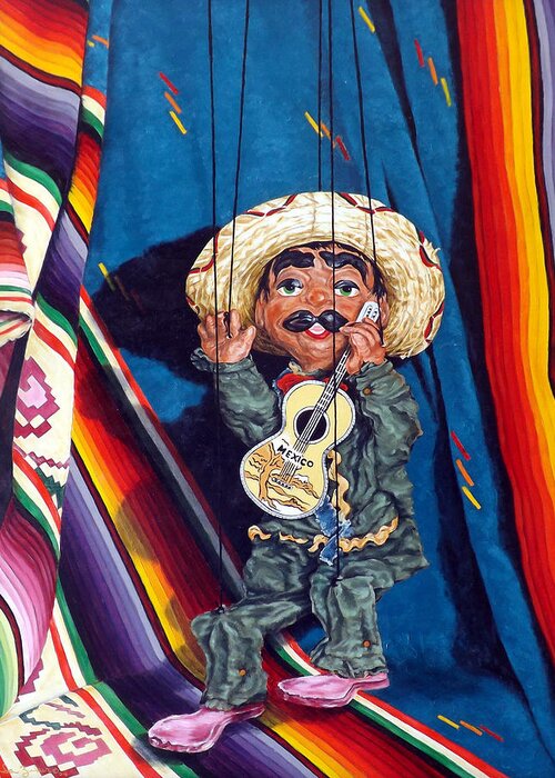 String Puppet Greeting Card featuring the painting Poncho and his Guitar by Linda Becker