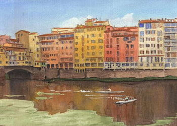<a Href=http://miketheuer.com Target =_blank>www.miketheuer.com</a>ponte Vecchio Watercolor Portrait Greeting Card featuring the drawing Ponte Vecchio Watercolor Portrait by Mike Theuer