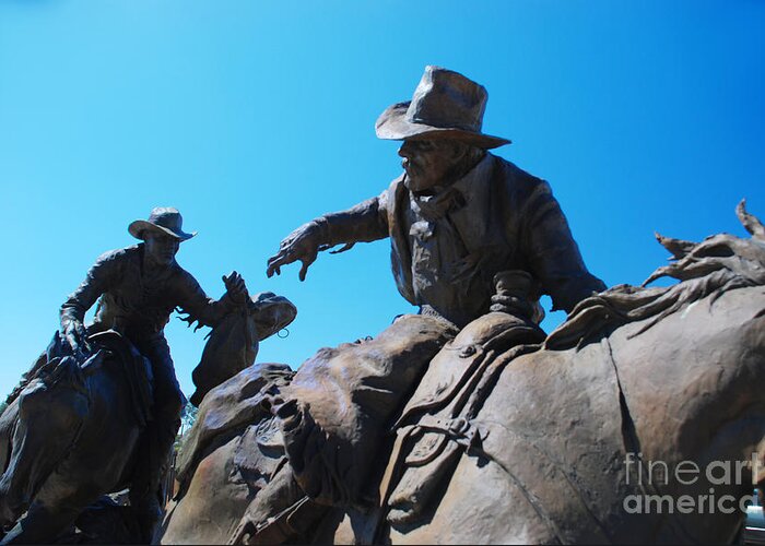 Pony Express Sculpture Horse Horses Cowboy Cowboys Courier Mail Bag Wild West Scottsdale Arizona Bronze Herb Mignery Passing The Legacy Greeting Card featuring the photograph Pony Express by Richard Gibb