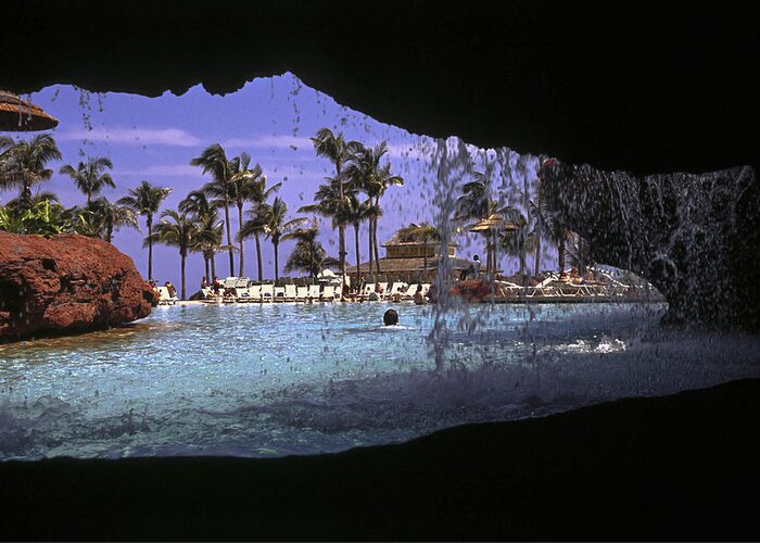 Freeform Pool Seen Through Walkway Opening Greeting Card featuring the photograph Pool and Palms by Sally Weigand