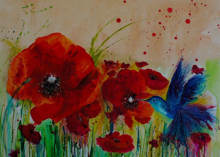 Painting Greeting Card featuring the painting Poppies and a Blue bird by Isabel Salvador