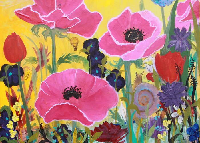 Poppies Greeting Card featuring the painting Poppies and Time Traveler by Robin Pedrero