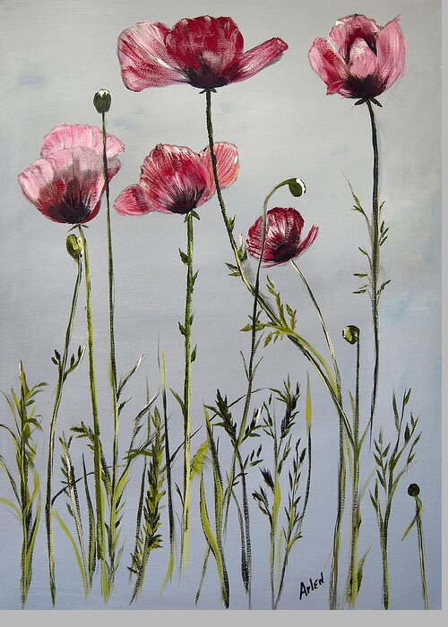 Tall Flowers Greeting Card featuring the painting Poppies by Arlen Avernian - Thorensen