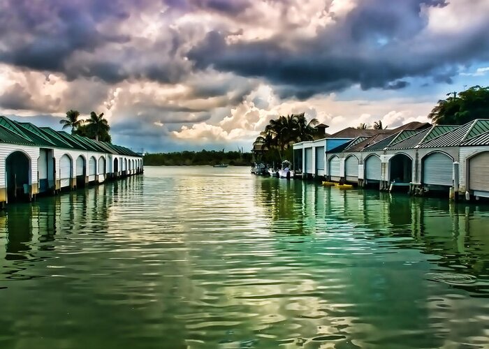 Port Royal Naples Florida Waterfront Greeting Card featuring the photograph Storm Clouds Over Port Royal Boathouses in Naples by Ginger Wakem