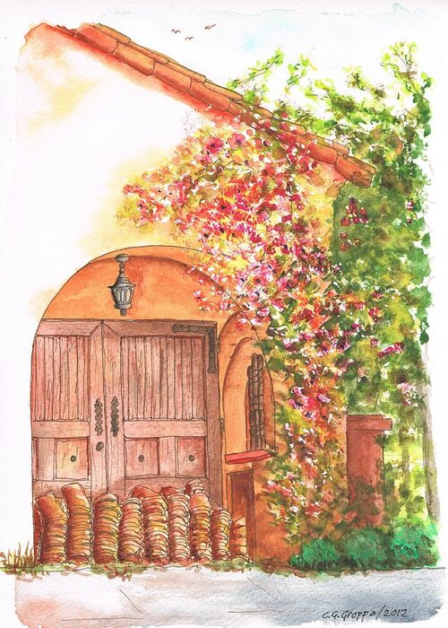 Nature Greeting Card featuring the painting Portal with bouganvilles in Westwood - California by Carlos G Groppa