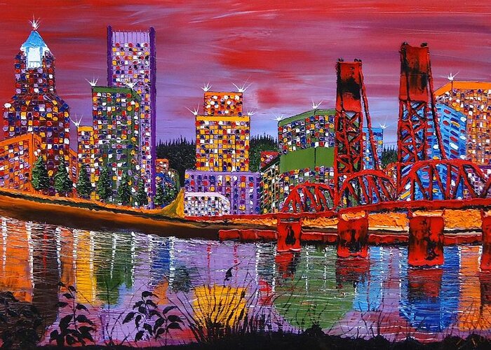 Portland City Lights Greeting Card featuring the painting Portland City Lights 22 by James Dunbar