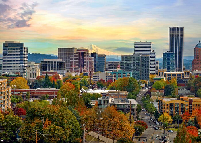 Portland Greeting Card featuring the photograph Portland Downtown Cityscape in Fall by David Gn
