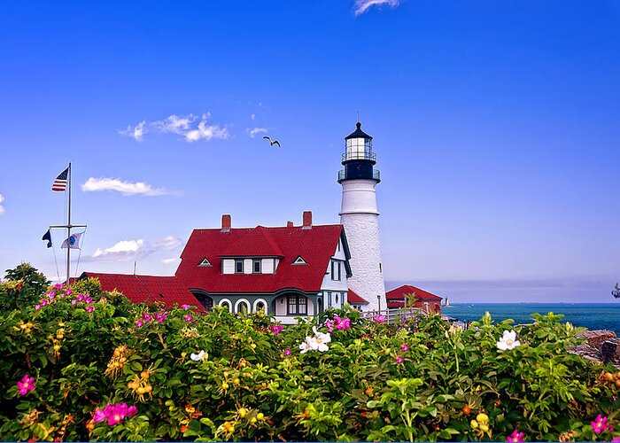 Maine Greeting Card featuring the photograph Portland Head Light and Roses by Mitchell R Grosky