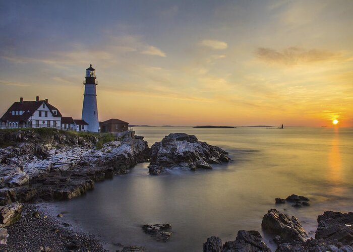 Lighthouse Greeting Card featuring the photograph Portland Head Light at Sunrise by John Meader