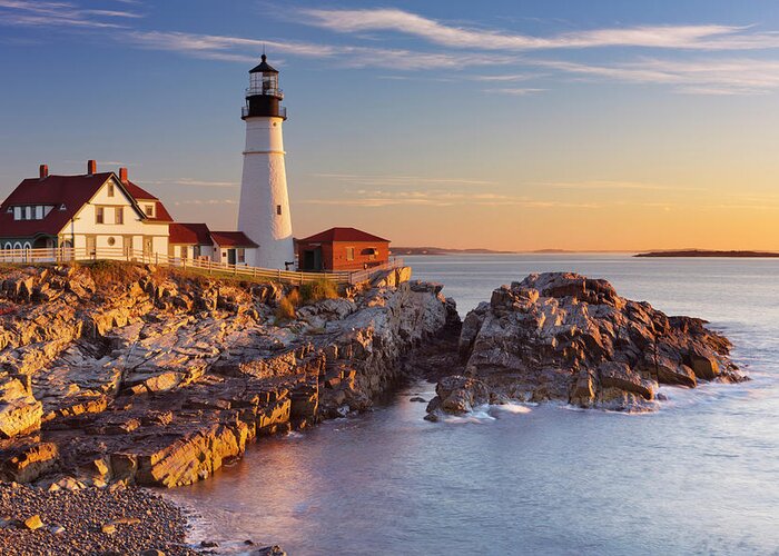Water's Edge Greeting Card featuring the photograph Portland Head Lighthouse, Maine, Usa At by Sara winter