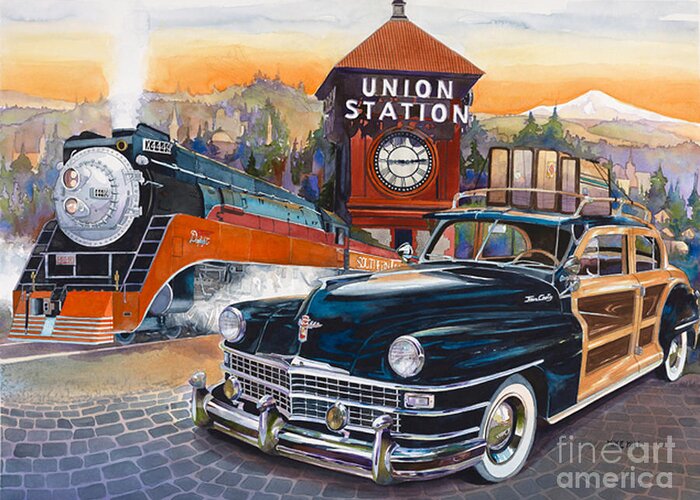 Union Station Engine Train 4449 Steam Chrysler Town And Country Woody Clock Mt. Hood Portland Skyline Sunset 1948 Chrysler Luggage Travel Traveling Tower Greeting Card featuring the painting Portland's Union Station by Mike Hill