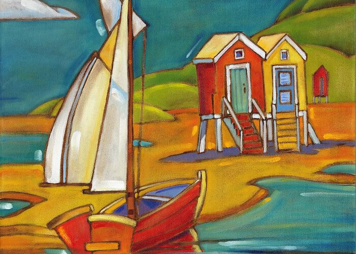 Boat Greeting Card featuring the painting Portofino Cabanas by Paul Brent