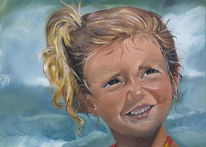 Portrait Greeting Card featuring the painting Portrait - Emma - Beach by Jan Dappen