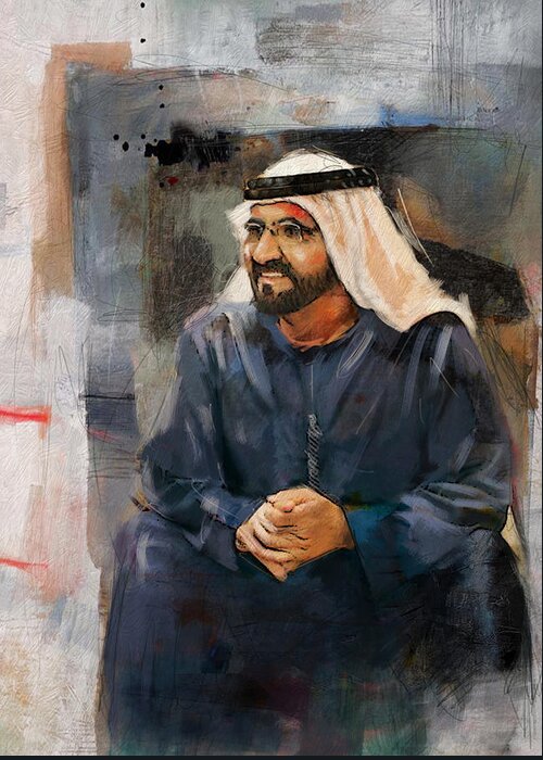 Muhammad Bin Rashid Al Maktoum Greeting Card featuring the painting Portrait of Muhammad bin Rashid al Maktoum 2 by Maryam Mughal