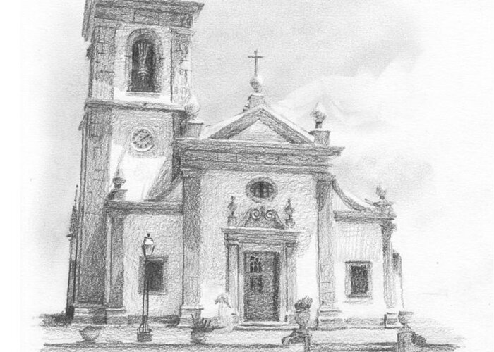 <a Href=http://miketheuer.com Target =_blank>www.miketheuer.com</a> Portugese Church Pencil Portrait Greeting Card featuring the drawing Portugese Church Pencil Portrait by Mike Theuer