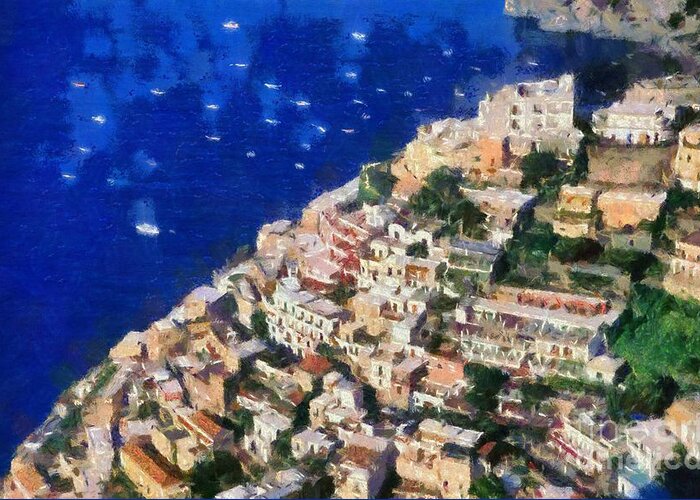Positano Greeting Card featuring the painting Positano town in Italy by George Atsametakis