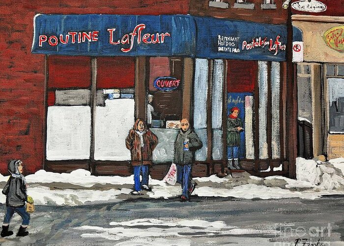 Wellington Street Greeting Card featuring the painting Poutine Lafleur on Wellington by Reb Frost