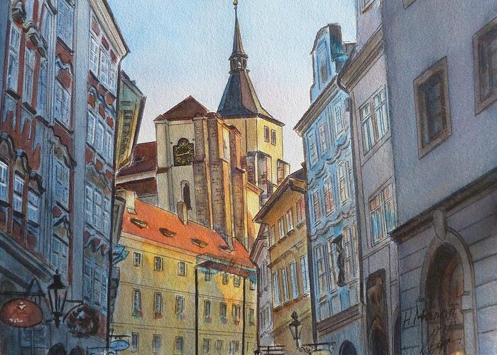 Prague Greeting Card featuring the painting Prague by Henrieta Maneva