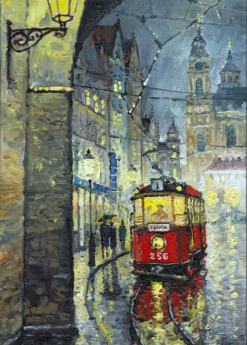 Oil Greeting Card featuring the painting Praha Red Tram Mostecka str by Yuriy Shevchuk