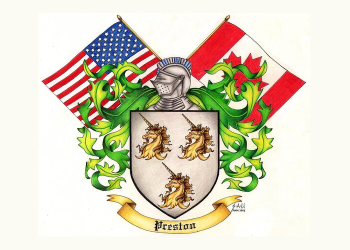 Crest Greeting Card featuring the drawing Preston Family Crest by Sheryl Unwin