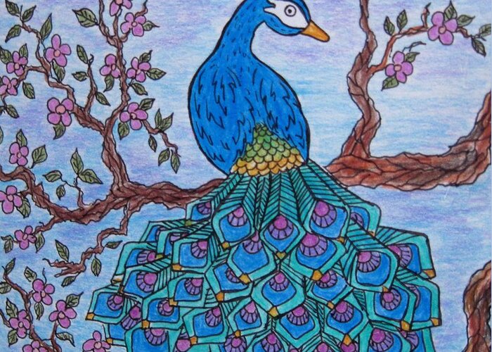 Peacocks Greeting Card featuring the drawing Pretty as a peacock by Megan Walsh
