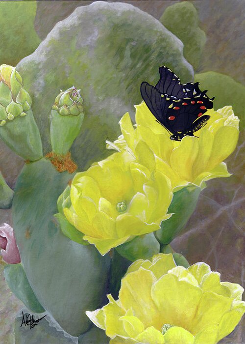 Cactus Greeting Card featuring the painting Prickly Pear Flower by Adam Johnson