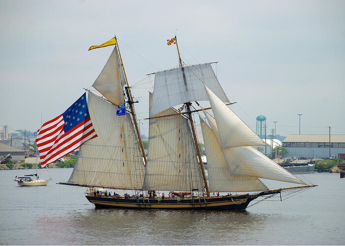 Clipper Greeting Card featuring the photograph Pride of Baltimore II passing by Fort McHenry by Mark Dodd