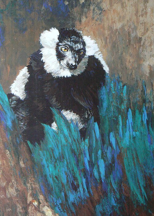 Black And White Ruffed Lemur Greeting Card featuring the painting Primate Of The Madagascan Rainforest by Margaret Saheed