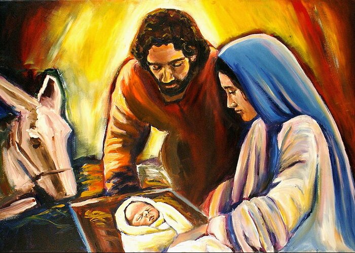 Holy Family Greeting Card featuring the painting Prince of Peace by Sheila Diemert