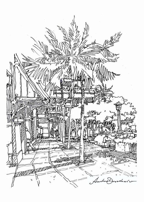 Streetscape.at Grand Cayman Resort Architecture Greeting Card featuring the drawing Promenade by Andrew Drozdowicz