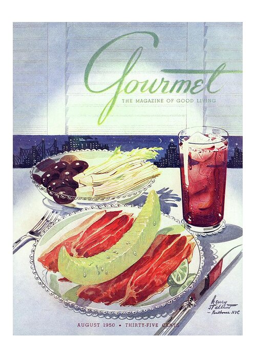 Food Greeting Card featuring the photograph Prosciutto, Melon, Olives, Celery And A Glass by Henry Stahlhut