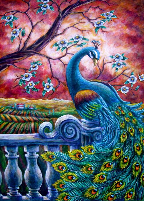 Peacock Greeting Card featuring the painting Proud Peacock by Sebastian Pierre