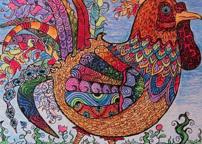 Whimsical Greeting Card featuring the drawing Psychedelic rooster by Megan Walsh