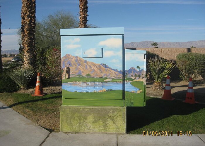 Public Art Greeting Card featuring the painting Public Art 17th Green at Silver Rock in La Quinta by Maria Hunt