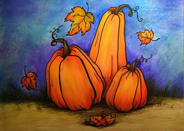 Pumpkin Greeting Card featuring the painting Pumpkin Trio by Catherine Howley