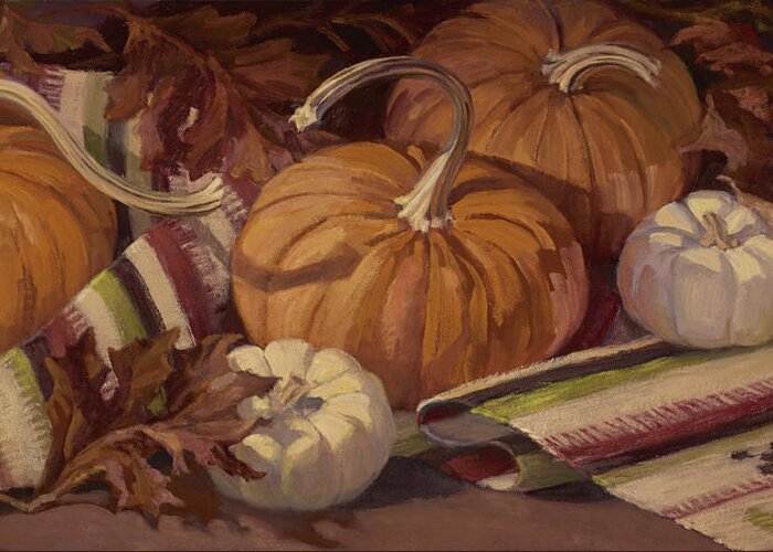 Pumpkins Greeting Card featuring the painting Pumpkins and Leaves by Jane Thorpe