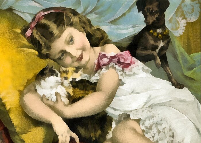 Vintage Trading Cards Greeting Card featuring the digital art Puppies Kittens And Baby Girl by Vintage Trading Cards