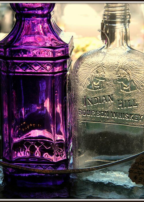 Antique Jars Greeting Card featuring the photograph Purple and Whiskey Jars by Kathy Barney