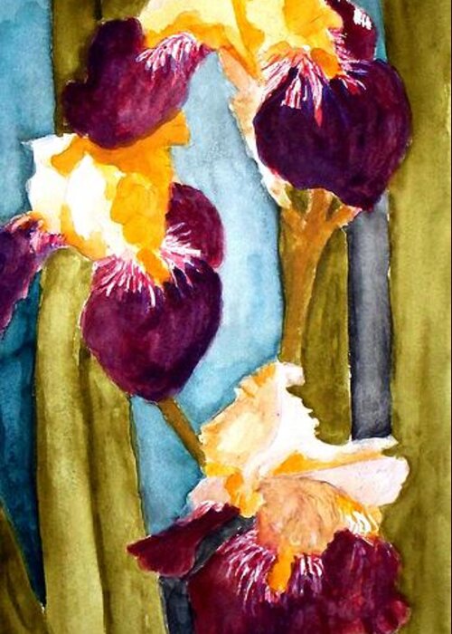 Iris Greeting Card featuring the painting Purple and Yellow Iris by Carol Grimes