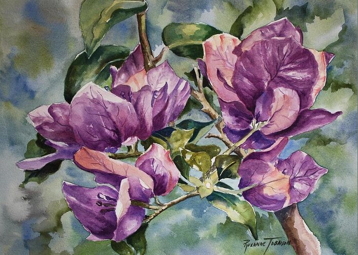 Bougainvillea Greeting Card featuring the painting Purple Beauties - Bougainvillea by Roxanne Tobaison