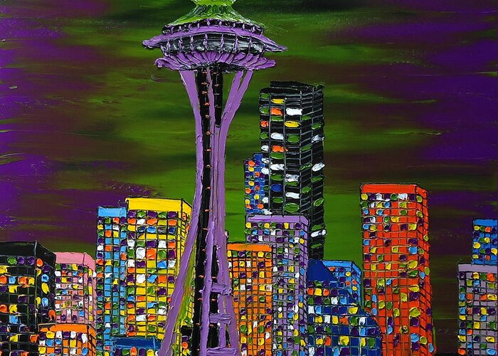 Seatlle Space Needle Greeting Card featuring the painting Purple Colors Of Emerald City by James Dunbar