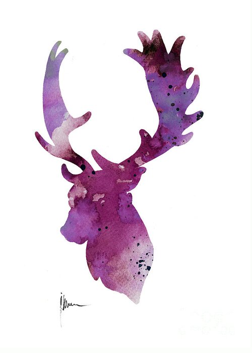 Deer Greeting Card featuring the painting Purple deer head silhouette watercolor artwork by Joanna Szmerdt